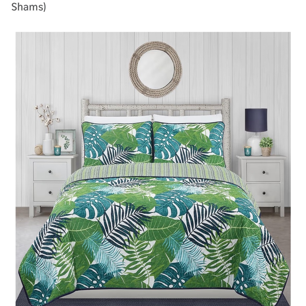 Tropical Leaf Print Bedding Set - Green and Blue